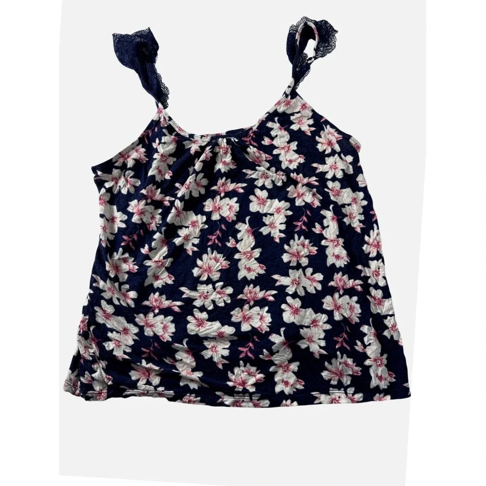 Jessica Simpson Womens Navy Blue Floral Lace Trim Pajama Set Camisole Shorts M